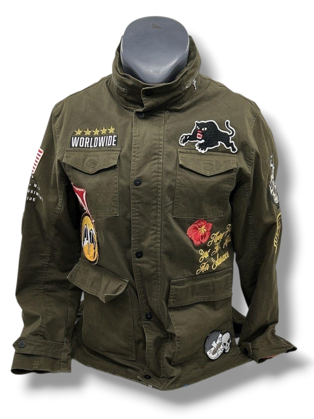 Reason Olive Green Military Utility Field Jacket with Embroidered Patches